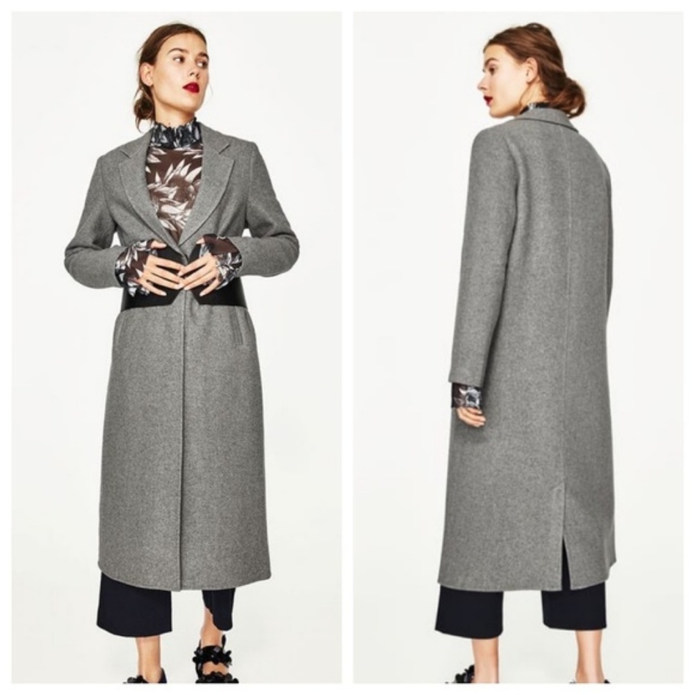 Zara Gray Fold Over Collar Long Button Down Coat